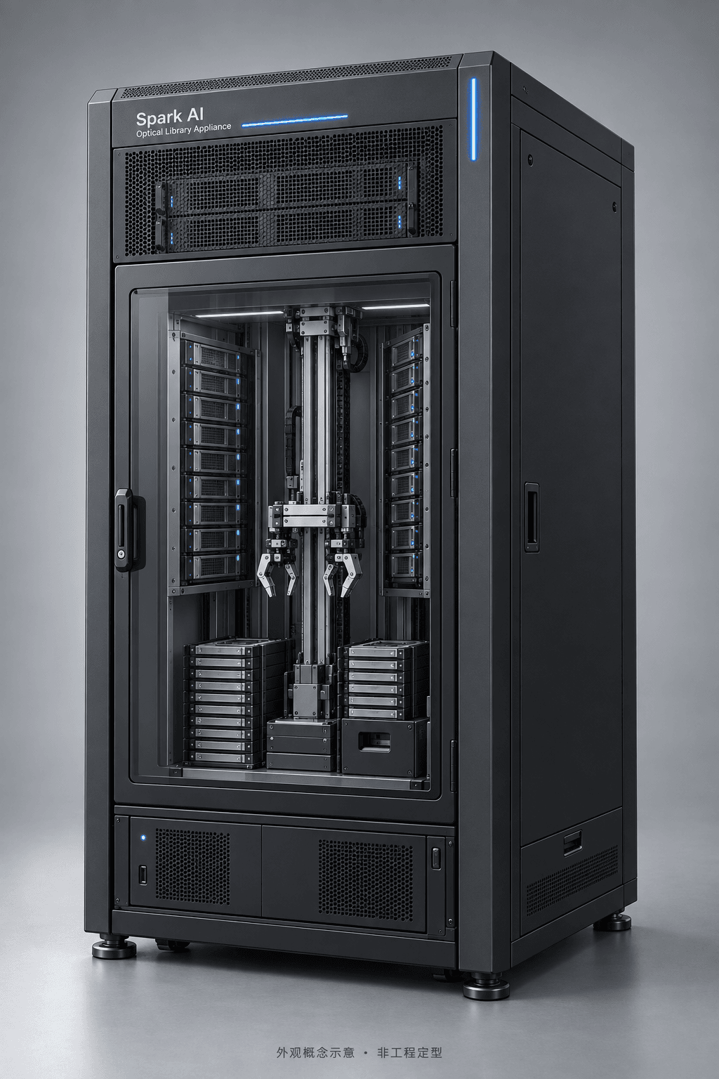 Spark AI upright appliance exterior concept, showing an upper compute bay, a windowed optical chamber and a lower control and power bay.