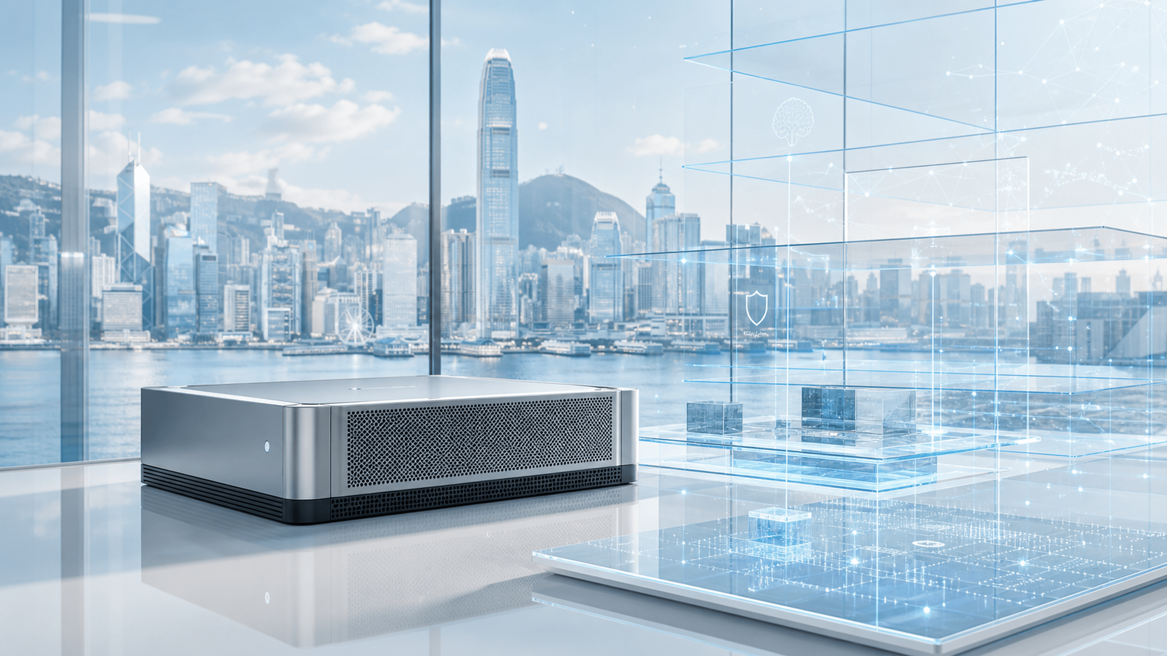Spark AI company hero image with appliance, Hong Kong skyline, and knowledge infrastructure layers