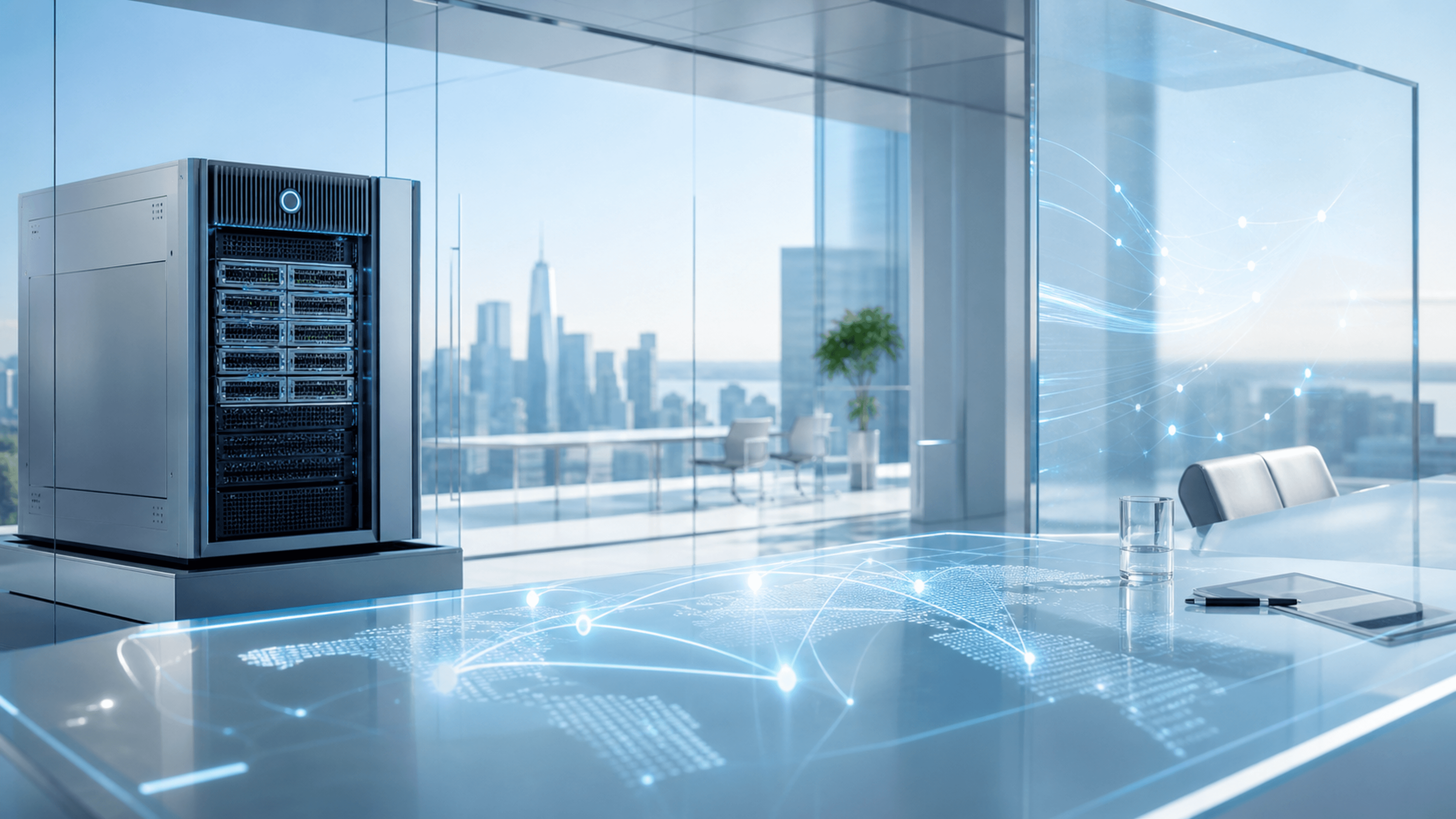 Spark AI contact hero image with enterprise meeting room, appliance, deployment map, and knowledge network